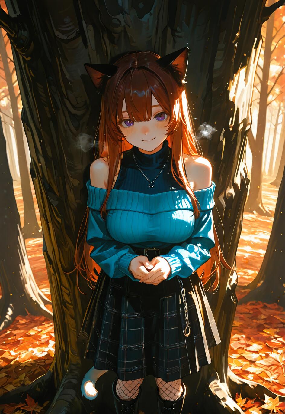 Изображение в полный рост аниме-девушки, похожей на кошку, с длинными каштановыми волосами и фиолетовыми глазами. На ней синий свитер, открывающий одно плечо, и клетчатая юбка. Она стоит в осеннем лесу перед большим деревом.