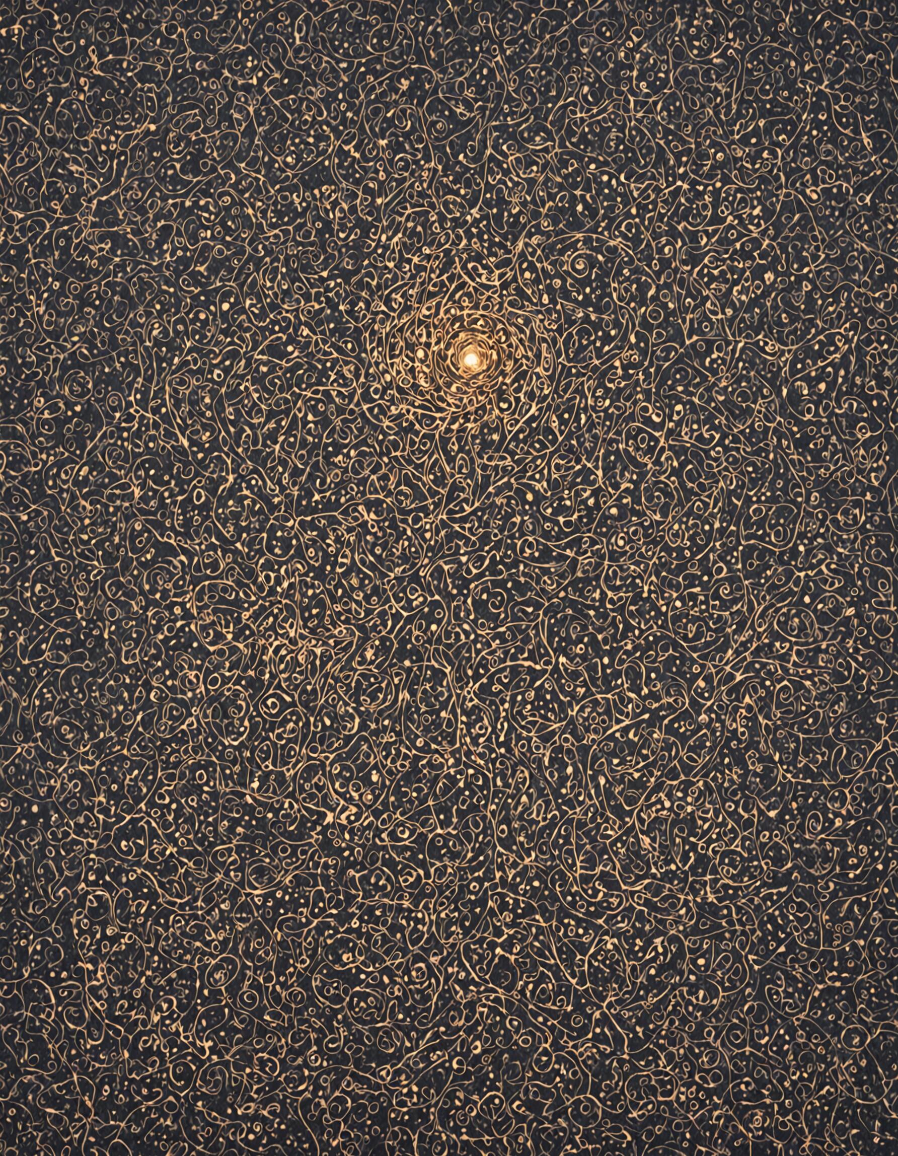 Абстрактная картина с темным фоном, на котором изображена густая, сложная сеть из завихряющихся золотых линий и точек. В верхней части картины, в центре, находится одиночный, яркий, светящийся шар, который служит центральным элементом композиции.
