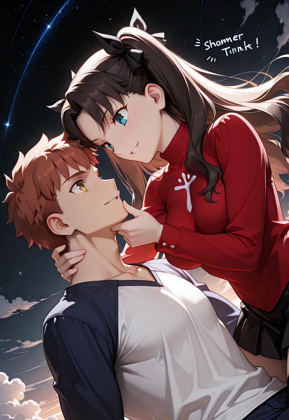 Аниме-иллюстрация, изображающая Тосаку Рин и Эмию Сиро из аниме «Fate/stay night» в романтический момент. Рин, с длинными темными волосами и красным свитером, смотрит вниз на Сиро и держит его за подбородок. Сиро, с рыжеватыми волосами, смотрит на нее. На заднем плане — темное, звездное ночное небо с облаками.