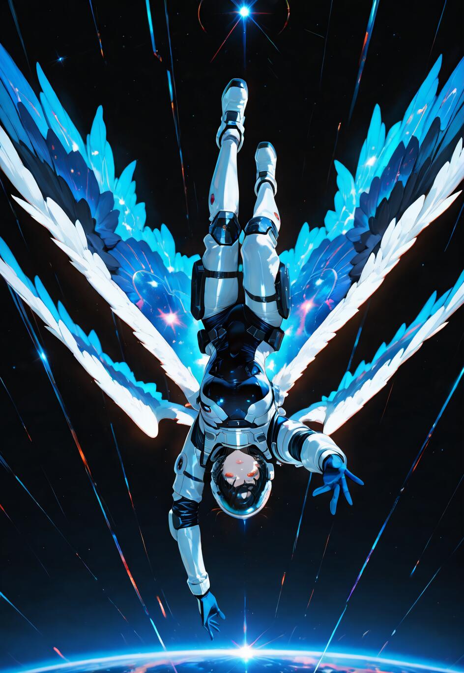 Фудзимару Рицука из вселенной Fate/Grand Order в образе космонавта с большими синими и белыми крыльями, парящего в космосе над планетой в перевернутом положении и тянущегося к зрителю.