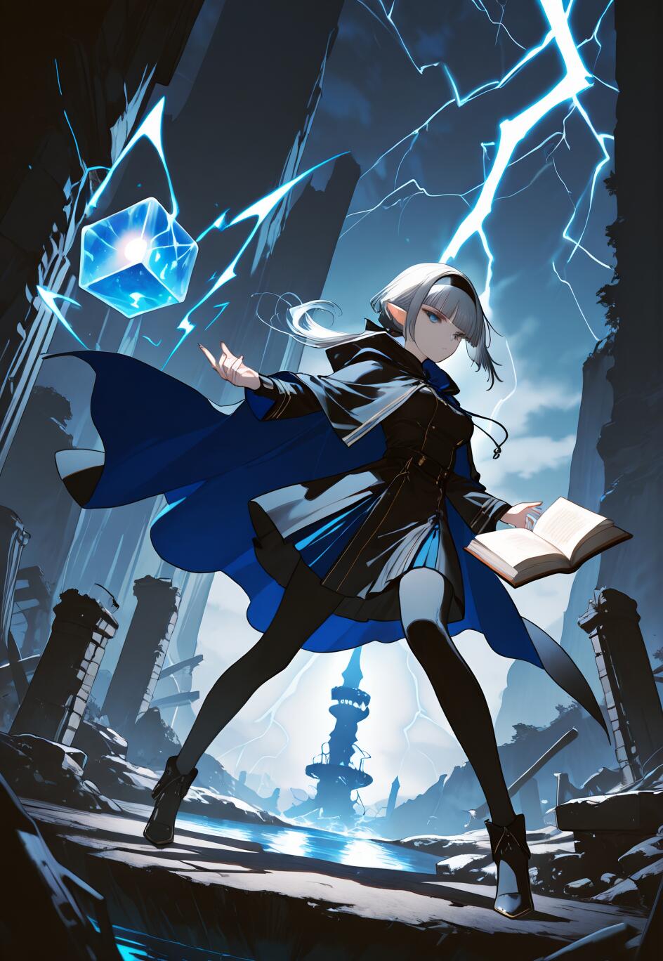 Изображение эльфийской девушки с серебристыми волосами в тёмно-синем плаще и чёрном наряде, стоящей в эффектной позе на фоне разрушенного пейзажа. Она держит книгу и произносит заклинание над парящим синим кубом, в то время как на грозовом небе позади неё сверкают молнии.