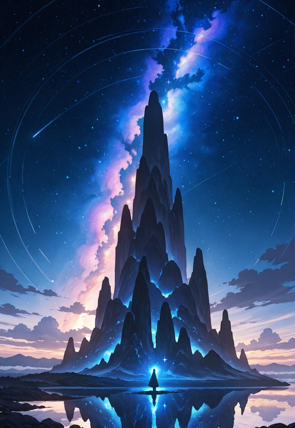 Одинокая фигура в плаще стоит перед огромной, изрезанной горой под красочным, усыпанным звёздами ночным небом, на котором виднеется туманность, и всё это отражается в спокойной воде внизу.