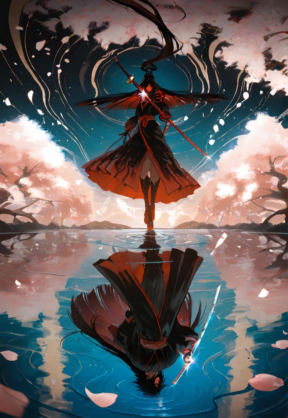 Иллюстрация в стиле аниме, изображающая Саске Учиху из аниме «Наруто», стоящего на воде под ночным небом, над которым видны цветущие сакуры. Его отражение в воде раскрывает его истинное лицо, создавая эффект двойственности.