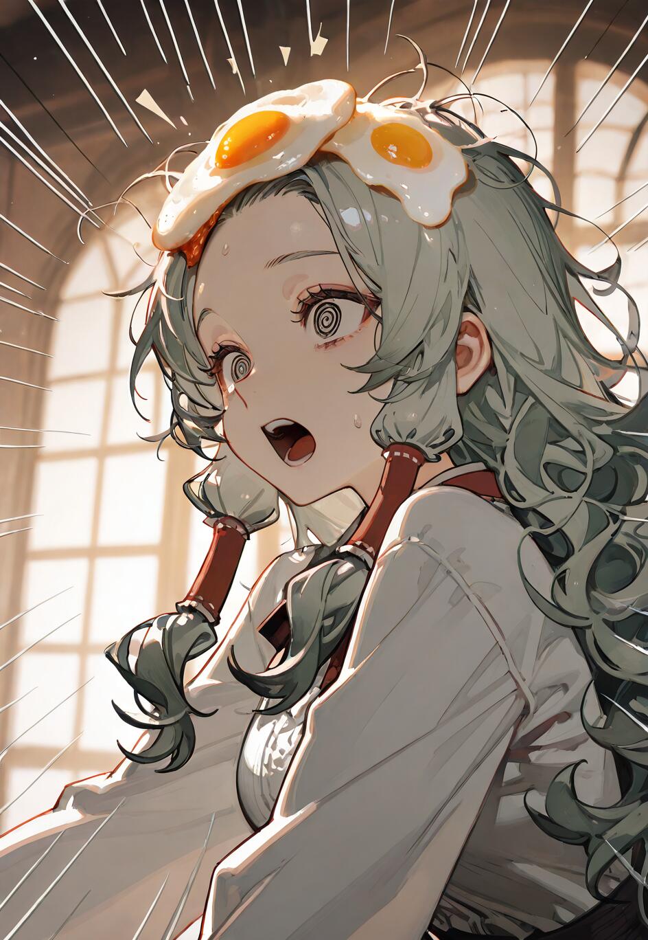Девушка в стиле аниме с волнистыми светло-зелеными волосами и спиралевидными глазами, выглядит потрясенной, с открытым ртом, а на ее голове лежат два жареных яйца.