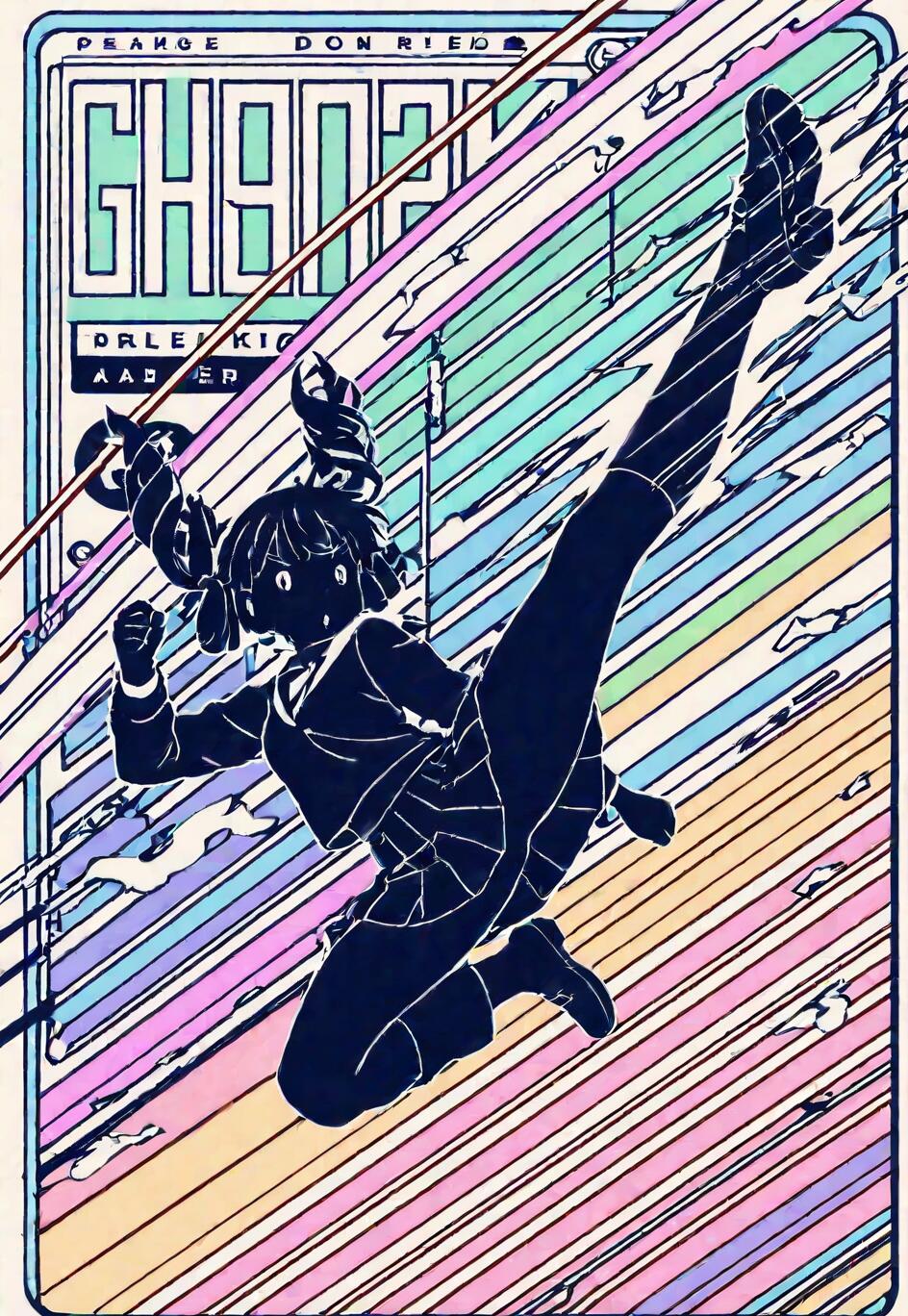 Цифровая иллюстрация в стиле аниме, изображающая силуэт школьницы с двумя хвостиками, выполняющей эффектный удар ногой в прыжке. Она очерчена белым цветом на фоне красочных диагональных полос пастельных оттенков, что создает ощущение скорости и движения.