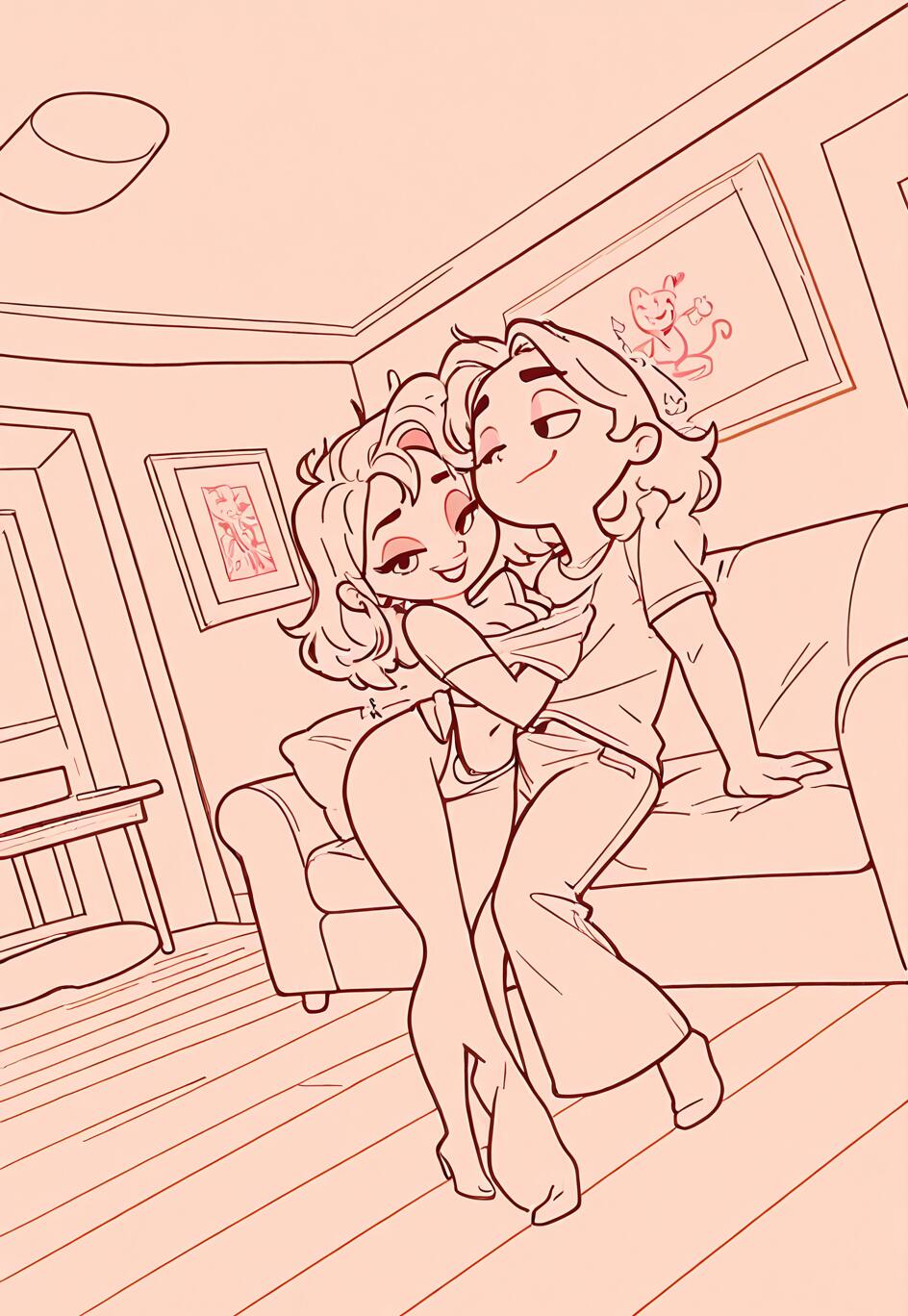 Мультяшный рисунок, выполненный в виде контурного изображения: мужчина и женщина в гостиной весело обнимаются. Мужчина сидит на подлокотнике дивана и приподнимает верхнюю часть одежды женщины, которая стоит перед ним, и оба улыбаются друг другу.