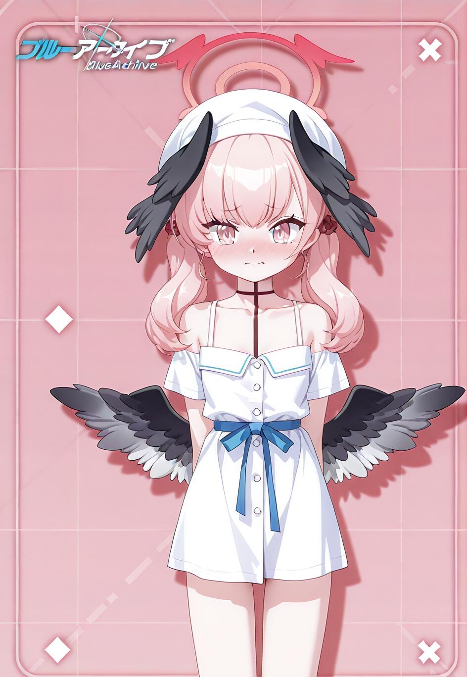 Изображение Шимое Кохару в полный рост из игры Blue Archive. У неё розовые волосы, она одета в белое летнее платье с голубой лентой и смотрит на зрителя с немного смущённым выражением лица на фоне розового цвета.