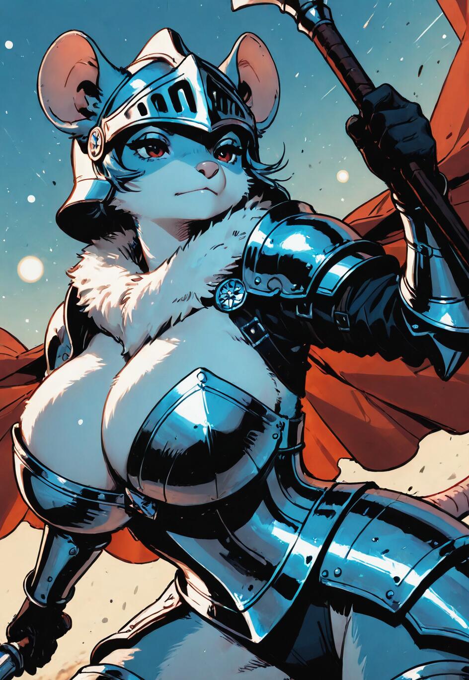 Цифровая иллюстрация: антропоморфная мышь-воительница в полном латном доспехе и шлеме, держащая в руках булаву, а за её спиной развевается красный плащ. На её лице выражение решимости.