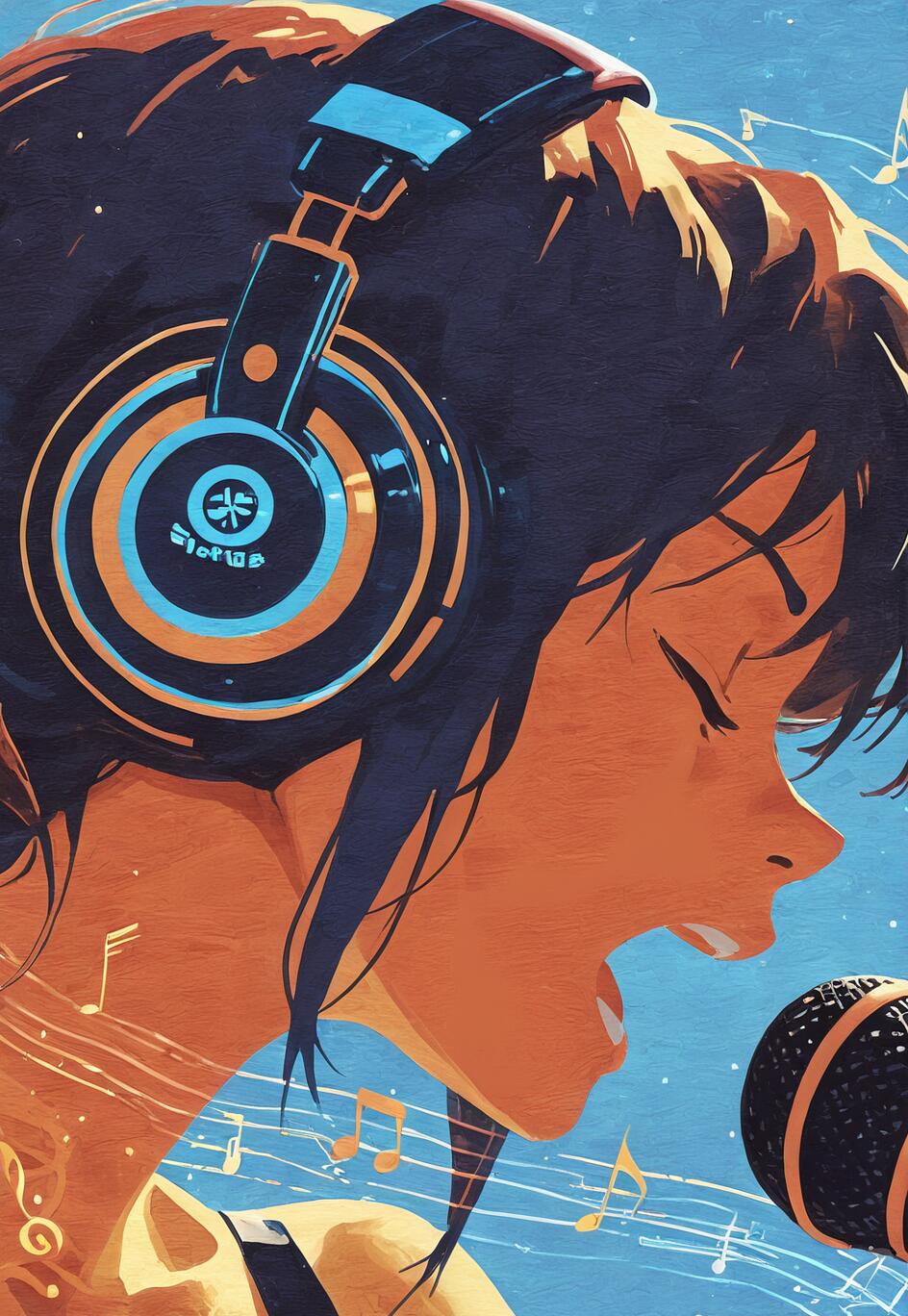 Стилизованный, выполненный в живописной манере портрет молодой женщины с темными волосами, в больших наушниках, поющей с закрытыми глазами в микрофон на фоне синего цвета, усеянного музыкальными нотами.