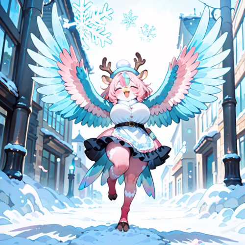 Иллюстрация в стиле аниме, изображающая радостную девушку с розовыми волосами, оленьими рогами и большими сине-розовыми пернатыми крыльями, стоящую на одной ноге на заснеженной городской улице.
