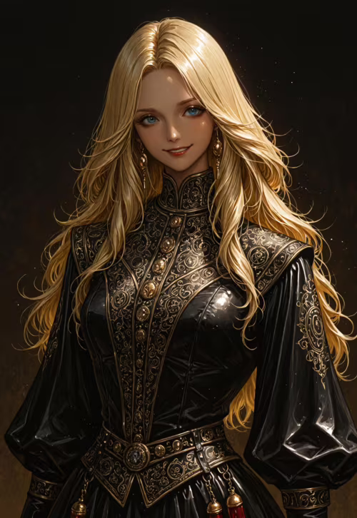 Цифровое изображение молодой женщины по пояс: у неё длинные волнистые светлые волосы и голубые глаза, она слегка улыбается. На ней надето богато детализированное чёрно-золотое платье в стиле фэнтези с высоким воротником, на фоне – тёмный фон.