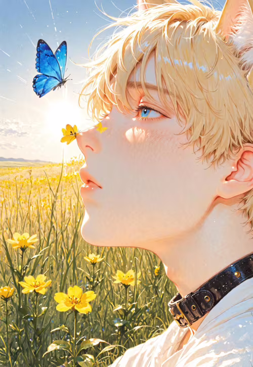 Иллюстрация в стиле аниме, изображающая молодого человека со светлыми волосами и кошачьими ушками в профиль. Он стоит на залитом солнцем поле жёлтых цветов и смотрит вверх, на синюю бабочку, пролетающую рядом с его лицом. На нём чёрный воротник и белая рубашка.