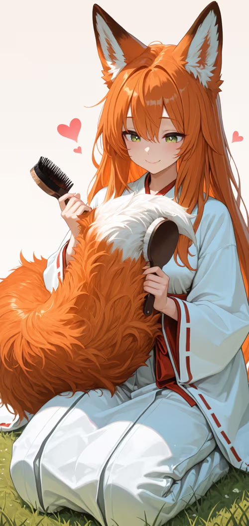 Девушка-лиса в стиле аниме, с длинными оранжевыми волосами и зелеными глазами, одетая...