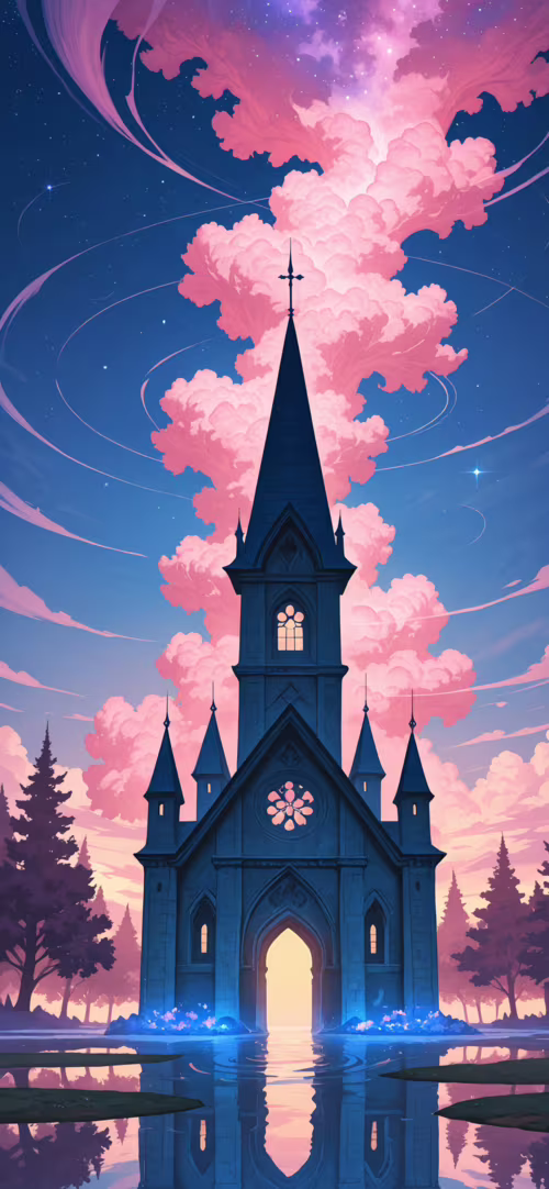 Цифровая иллюстрация в жанре фэнтези: мрачный готический собор на берегу озера в... Apple iPhone 11 Pro
