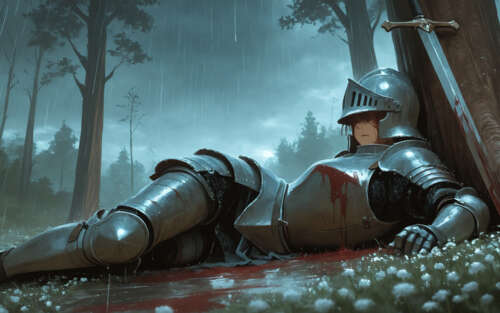 Поваленный рыцарь в полном доспехе лежит на земле на лесной поляне, где идёт дождь,...