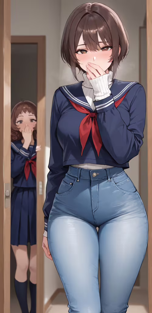 Девушка в стиле аниме с короткой каштановой стрижкой, одетая в белый вязаный свитер... Samsung Galaxy A01 Core