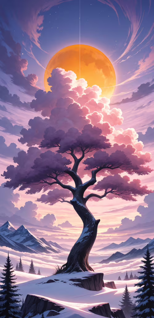 Величественная сосна, силуэт которой выделяется на фоне яркого пурпурно-розового... Google Pixel 3a