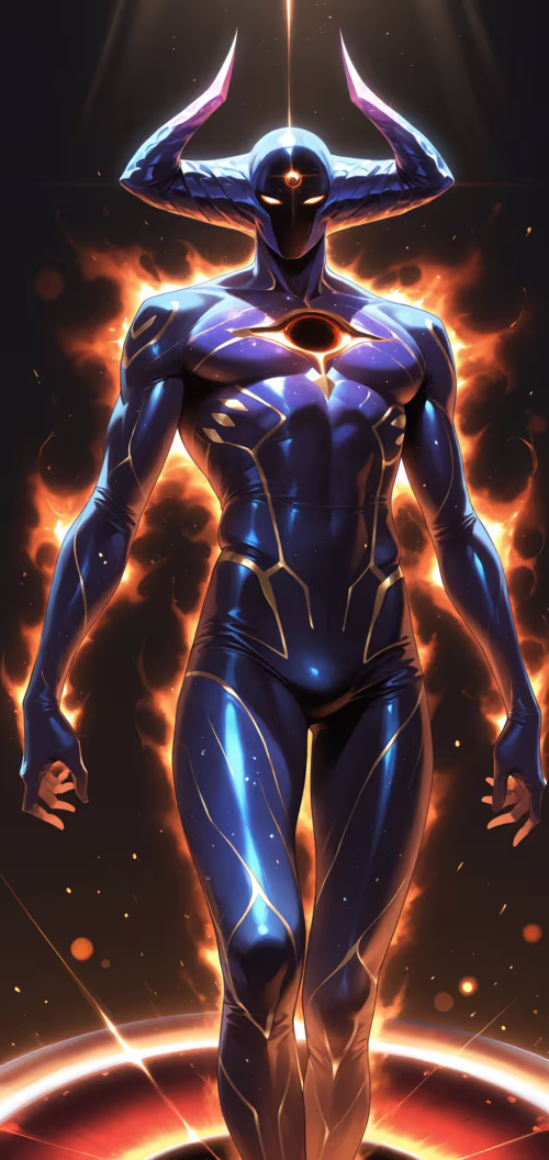 Мощное, мускулистое космическое существо с тёмной, потрескавшейся кожей, излучающей...