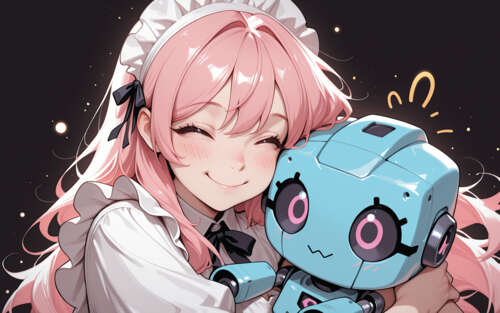 Крупный план: улыбающаяся аниме-горничная с длинными розовыми волосами и фиолетовыми...