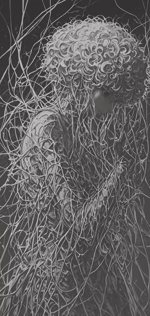 Чёрно-белая, очень детализированная иллюстрация, изображающая женщину в профиль....