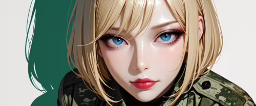 Детальное изображение красивой женщины-солдата с короткой светлой стрижкой «боб»...