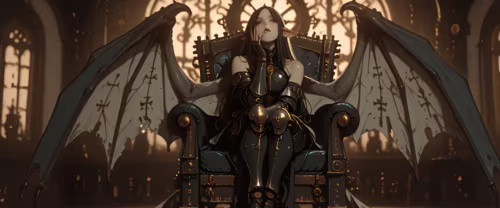 Седовласый эльф с большими тёмными крыльями, напоминающими крылья дракона, задумчиво...