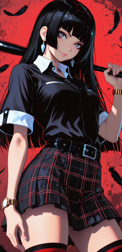 Стильная аниме-девушка с длинными черными волосами и серыми глазами, перекинувшая... Google Pixel 3a