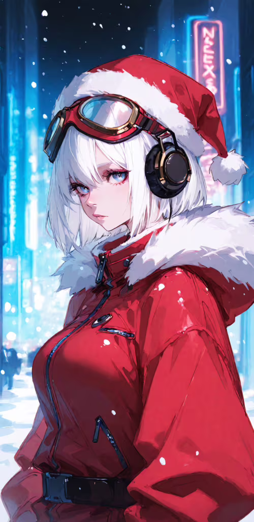 Аниме-девочка с короткой белой причёской и красными глазами, одетая в красную шапку... Google Pixel 3a