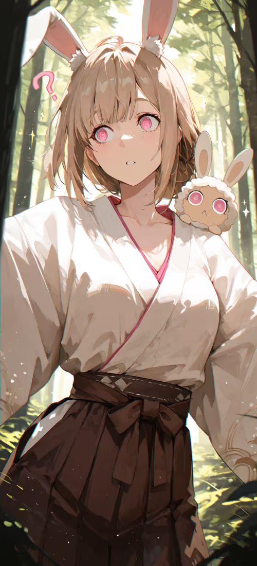 Аниме-девочка со светло-коричневыми волосами и белыми ушками зайчика, одетая в белый... OnePlus 12R