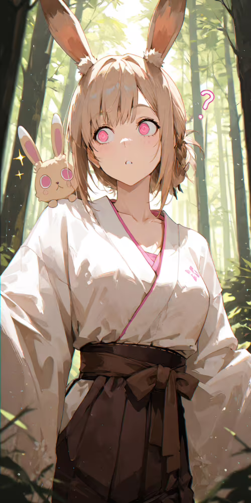 Аниме-девочка со светло-коричневыми волосами и белыми ушками зайчика, одетая в белый...