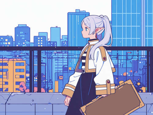 Иллюстрация в стиле аниме, изображающая Фрирен, эльфийку с длинными белыми волосами,...