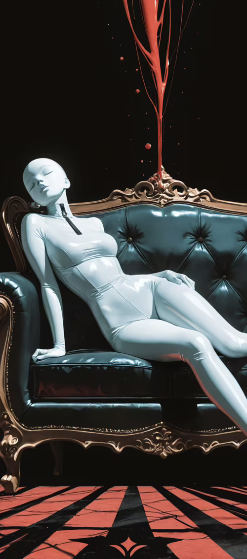 Женщина в эффектном черном головном уборе с острыми выступами и блестящем белом латексном... Oppo A33