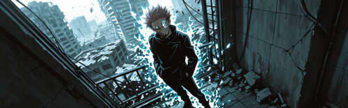 Рёмен Сукуна из аниме «Магическая битва» стоит в разрушенном городе, злобно ухмыляясь...