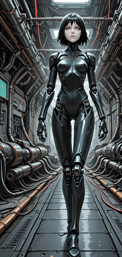 Изображение кибернетического персонажа Санакан из манги «BLAME!» в полный рост: она...