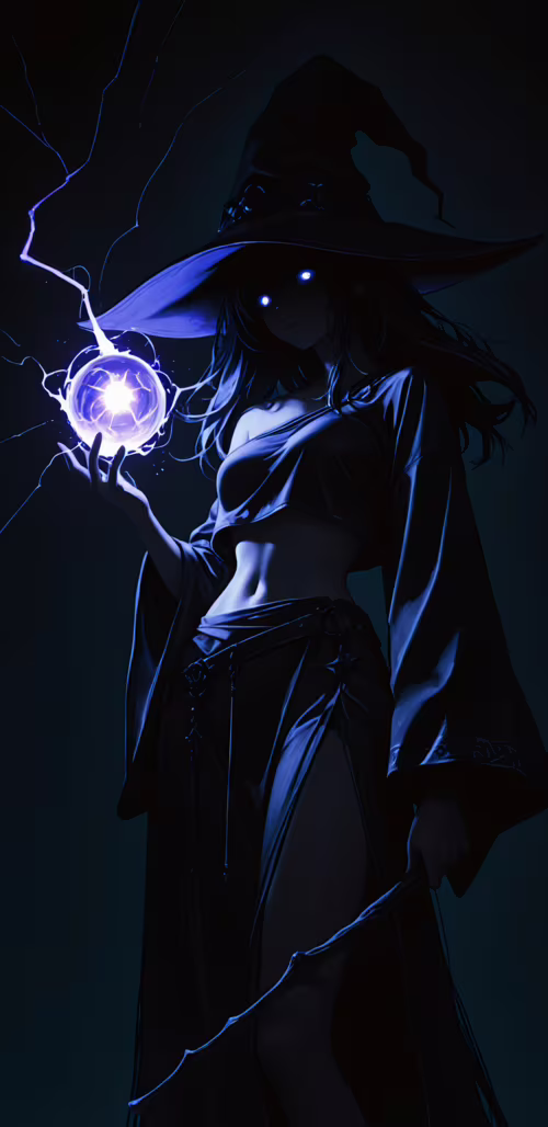 В темноте стоит ведьма в стиле аниме: у неё длинные тёмные волосы и большая остроконечная...