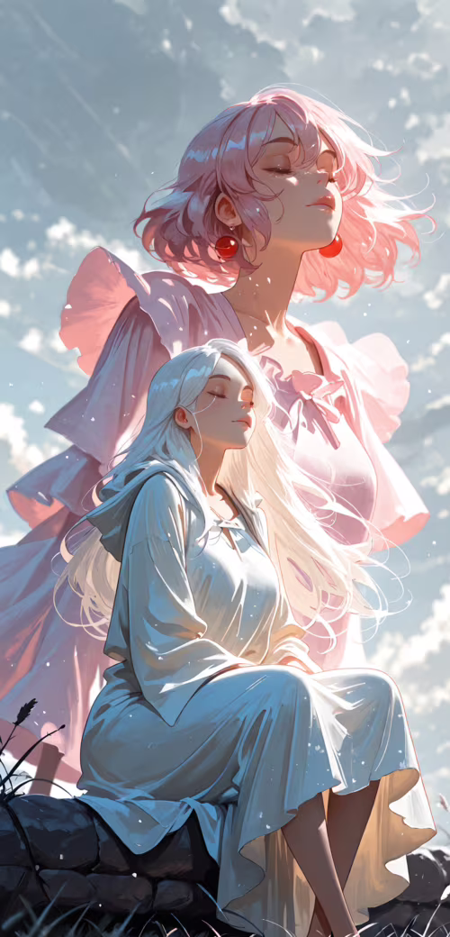 Цифровая картина в стиле аниме, изображающая молодую женщину с длинными белыми волосами,...