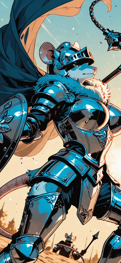 Цифровая иллюстрация: антропоморфная мышь-воительница в полном латном доспехе и шлеме,...