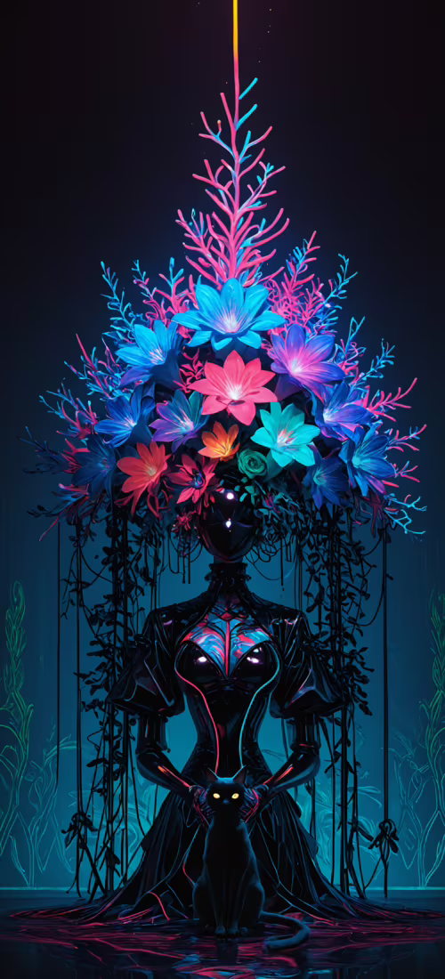 Чёрный кот стоит на узорчатом неоновом полу перед большим вазой, в которой находится... OnePlus 12R