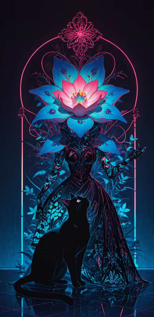 Чёрный кот стоит на узорчатом неоновом полу перед большим вазой, в которой находится... Google Pixel 3a