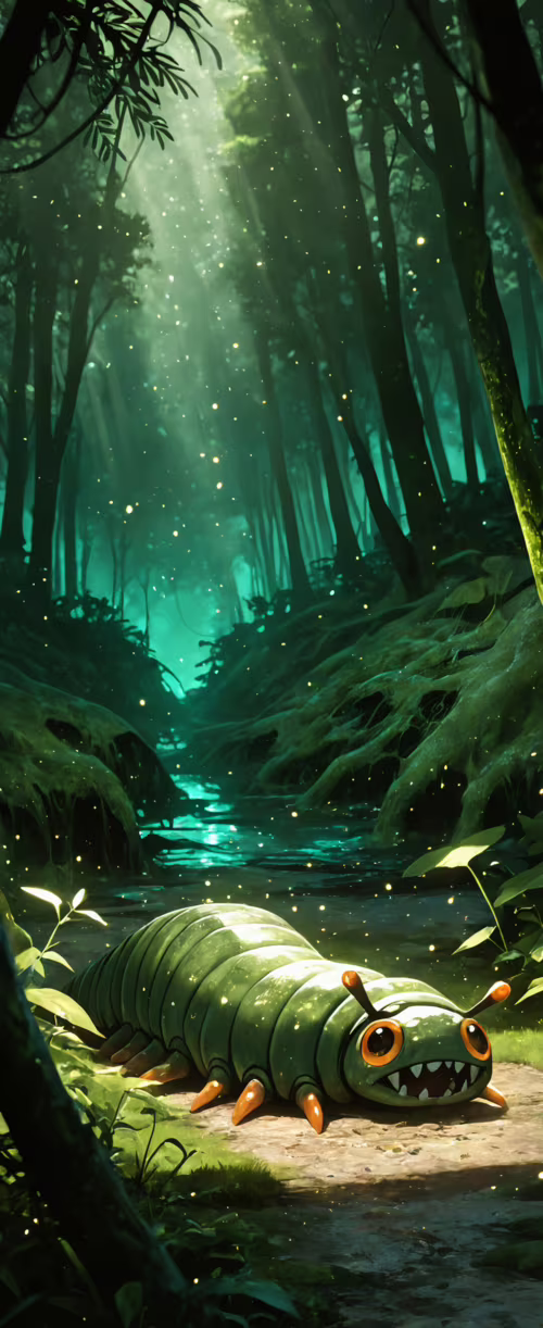 Девушка в стиле аниме с каштановыми волосами, одетая в большой зелёный костюм гусеницы,... Tecno Phantom V Flip2