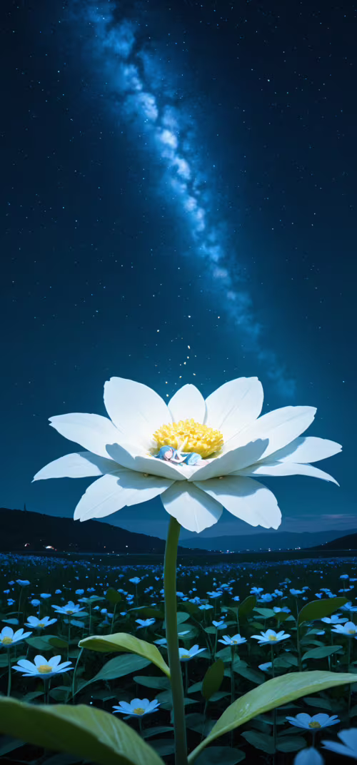 Маленькая девочка с темными волосами мирно спит в центре огромного, светящегося синим... Huawei P30 Lite