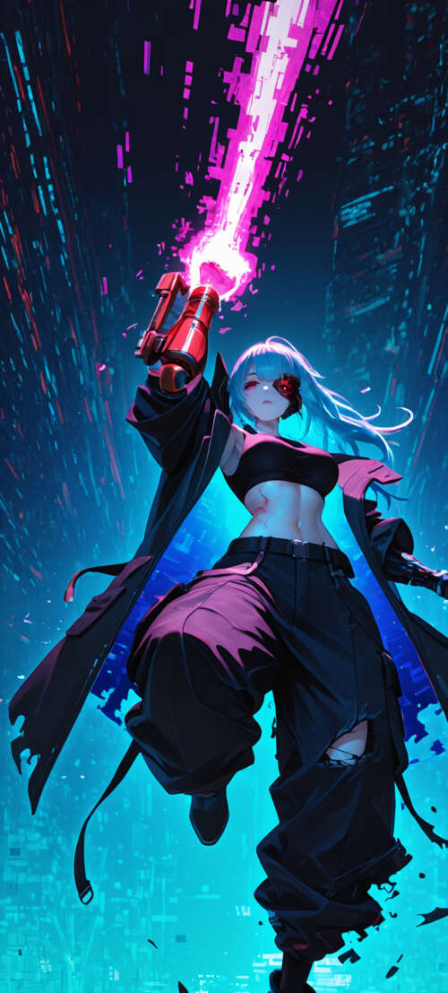 Воительница в стиле аниме с кибернетической рукой и красным глазом, изображена в... Huawei Mate XT