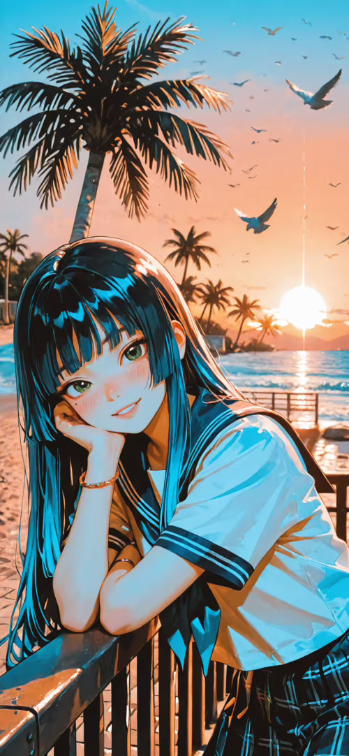 Девушка в стиле аниме с длинными голубыми волосами и зелеными глазами, одетая в школьную... Apple iPhone 11 Pro Max