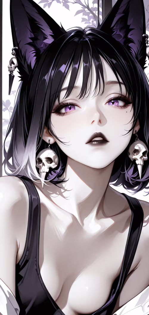 Иллюстрация в стиле аниме, изображающая девушку с чёрными ушами лисы, фиолетовыми... Nokia 5 dot 1 Plus