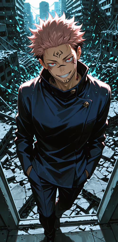 Рёмен Сукуна из аниме «Магическая битва» стоит в разрушенном городе, злобно ухмыляясь... Google Pixel 3a