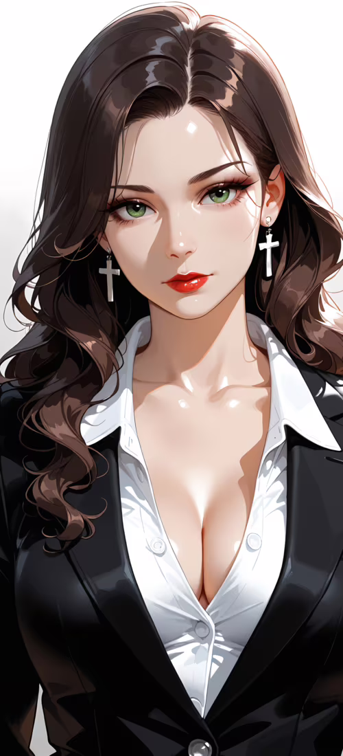 Прекрасная женщина с длинными каштановыми волосами, зелеными глазами и красной помадой,... OnePlus 12R