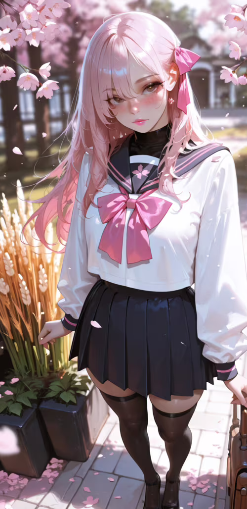 Иллюстрация в стиле аниме, изображающая девушку с длинными розовыми волосами, сидящую...