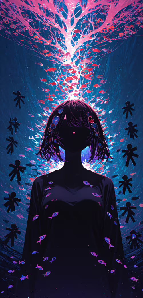 Девушка в стиле аниме с темными волосами и светящимися желтыми глазами стоит в темной... Alcatel 1 2021