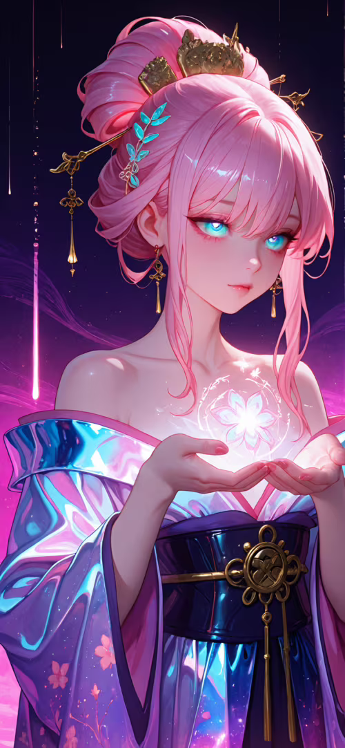 Прекрасная девушка в стиле аниме с розовыми волосами, уложенными в сложную прическу,... Apple iPhone 11 Pro