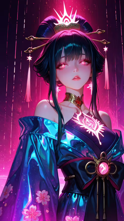 Прекрасная девушка в стиле аниме с розовыми волосами, уложенными в сложную прическу,...